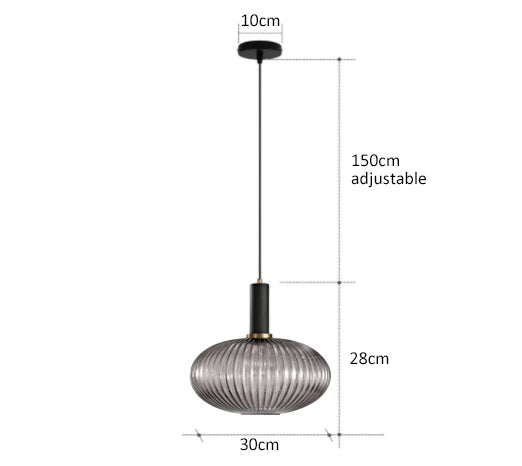 DecorBites™ modern 150cm adjustable pendant lights with black metal rod and gray ribbed glass shade for retro style