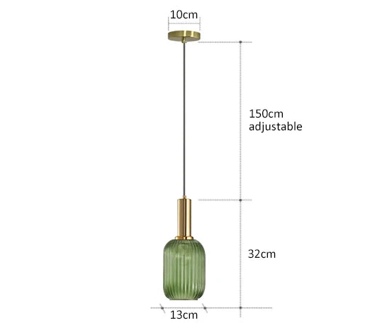 Green ribbed glass pendant light with brass-finished metal top and hanging chain from DecorBites colorful glass pendant lights