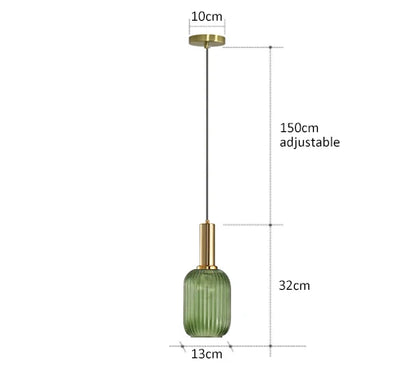 Green ribbed glass pendant light with brass-finished metal top and hanging chain from DecorBites colorful glass pendant lights