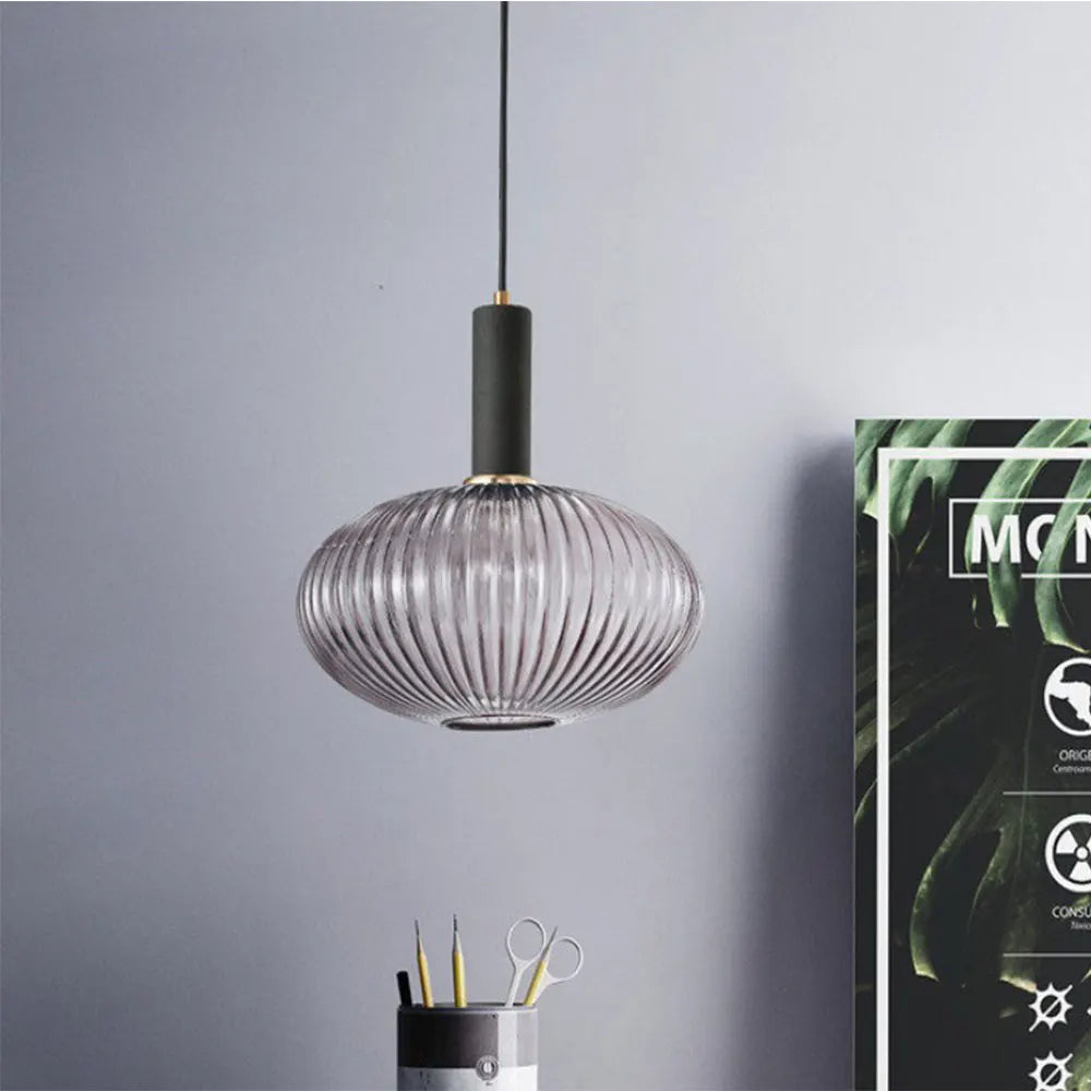 Modern DecorBites colorful glass pendant lights with ribbed translucent gray shade and matte black stem for retro style