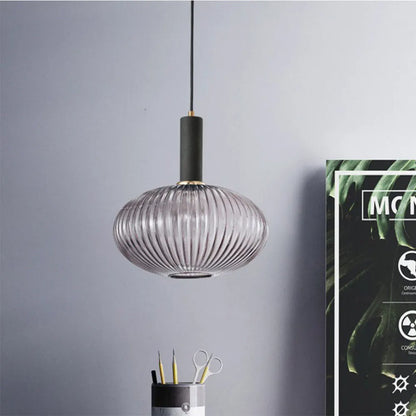 Modern DecorBites colorful glass pendant lights with ribbed translucent gray shade and matte black stem for retro style