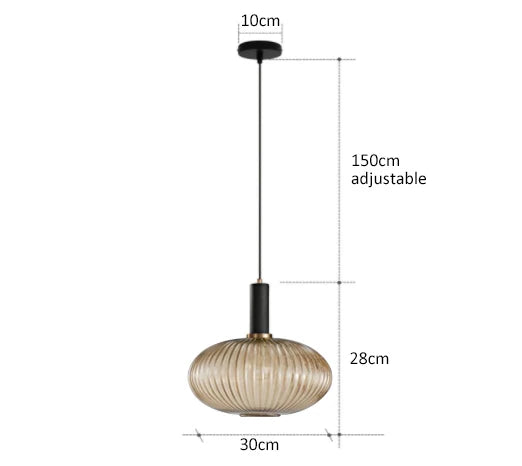 DecorBites colorful glass pendant lights with ribbed amber-tinted glass and black metal hardware for retro style