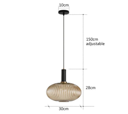 DecorBites colorful glass pendant lights with ribbed amber-tinted glass and black metal hardware for retro style