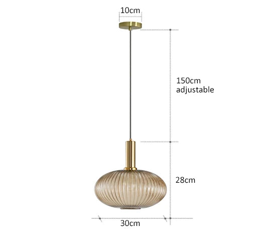 Gold-toned decorbites pendant lights with ribbed translucent glass shade and adjustable 150cm chain for retro style