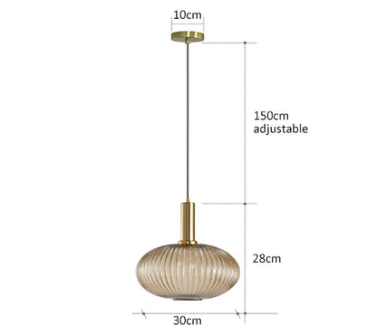 Gold-toned decorbites pendant lights with ribbed translucent glass shade and adjustable 150cm chain for retro style