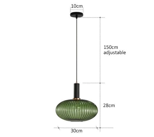 Decorbites™ colorful glass pendant lights featuring green ribbed glass and black metal hardware for retro style