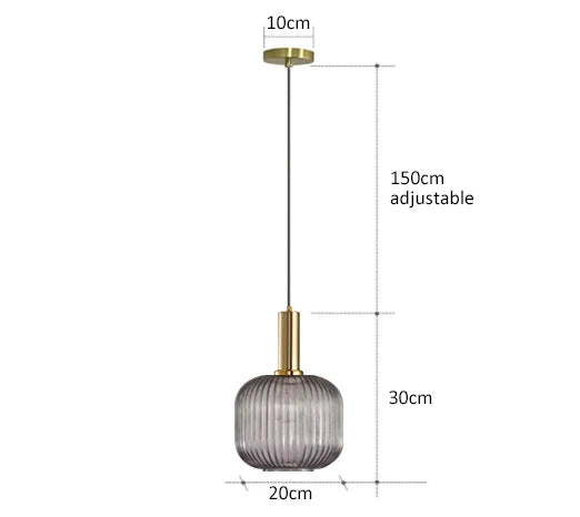 Modern pendant lights featuring a frosted gray ribbed glass shade with brass accents from DecorBites colorful glass pendant lights