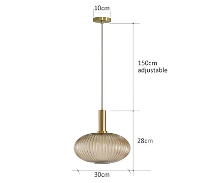Gold-toned decorbites pendant lights with ribbed translucent glass shade and adjustable 150cm chain for retro style