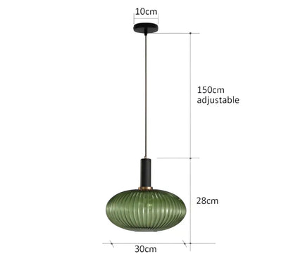 Decorbites™ colorful glass pendant lights featuring green ribbed glass and black metal hardware for retro style