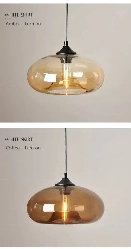 DecorBites™ colorful led glass pendant lights in amber with black metal fixture ideal for restaurant lighting