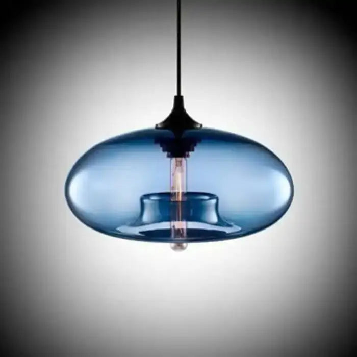 Blue glass colorful led pendant light with central bulb and black fixture for restaurant decor by DecorBites