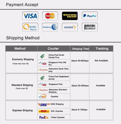 Payment and shipping info page showing logos of visa mastercard paypal and other methods for decorbites colorful led glass pendant lights for restaurant