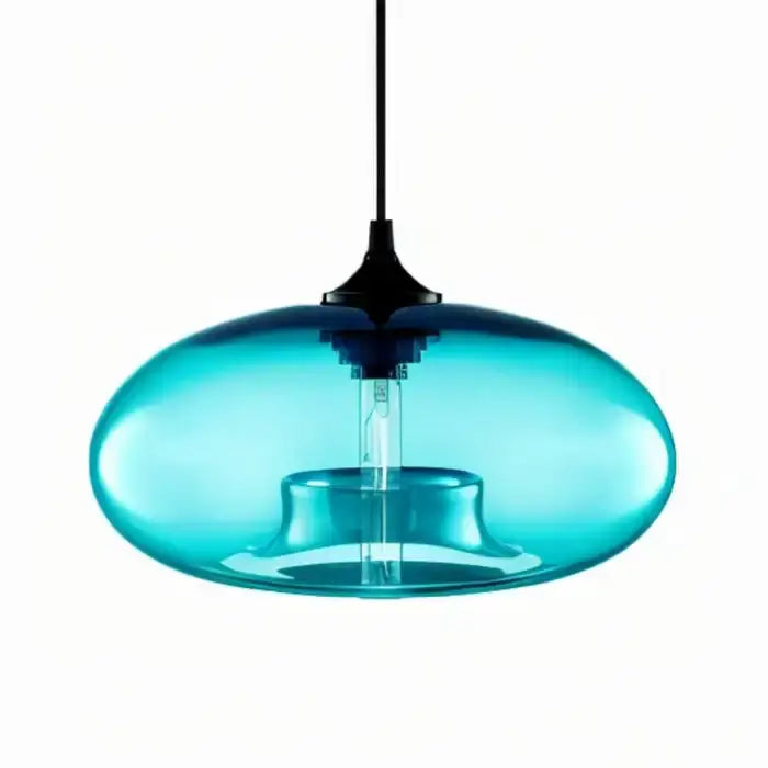 A sleek translucent turquoise glass colorful led pendant light with black metal suspension for restaurant decor