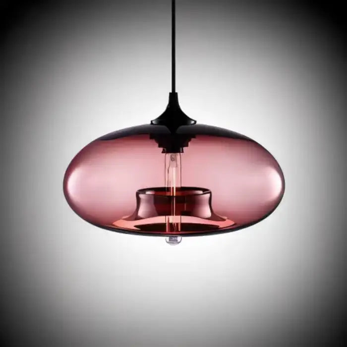 A sleek oval-shaped pendant light with a rose-gold glass shade and black metal fixture from DecorBites colorful led pendant lights