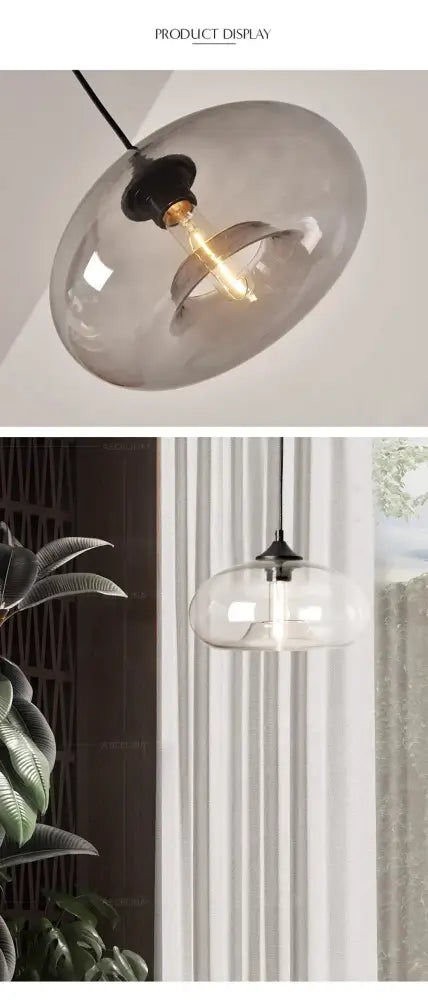 A sleek decorbites pendant light with a translucent gray glass dome and colorful led filament bulb for restaurants