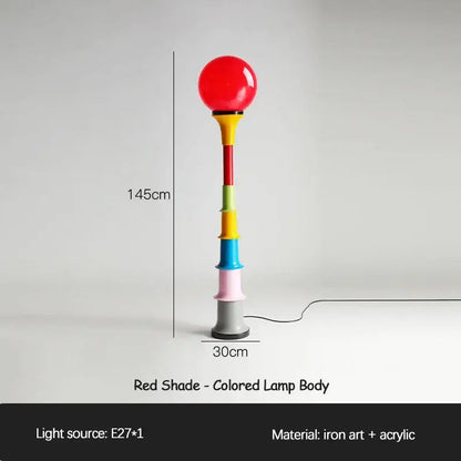 A vibrant 145cm decorbites colorful memphis floor lamp with a glossy red spherical shade and stacked acrylic segments
