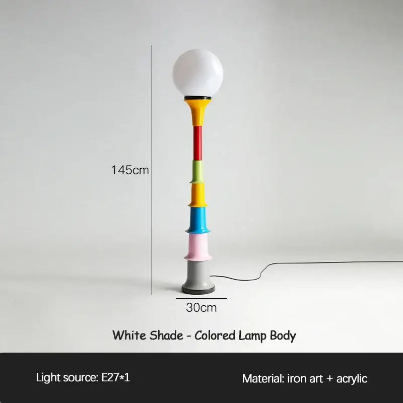 A vibrant 145cm tall decorbites colorful memphis floor lamp with a white spherical shade and acrylic colorful memphis floor segments