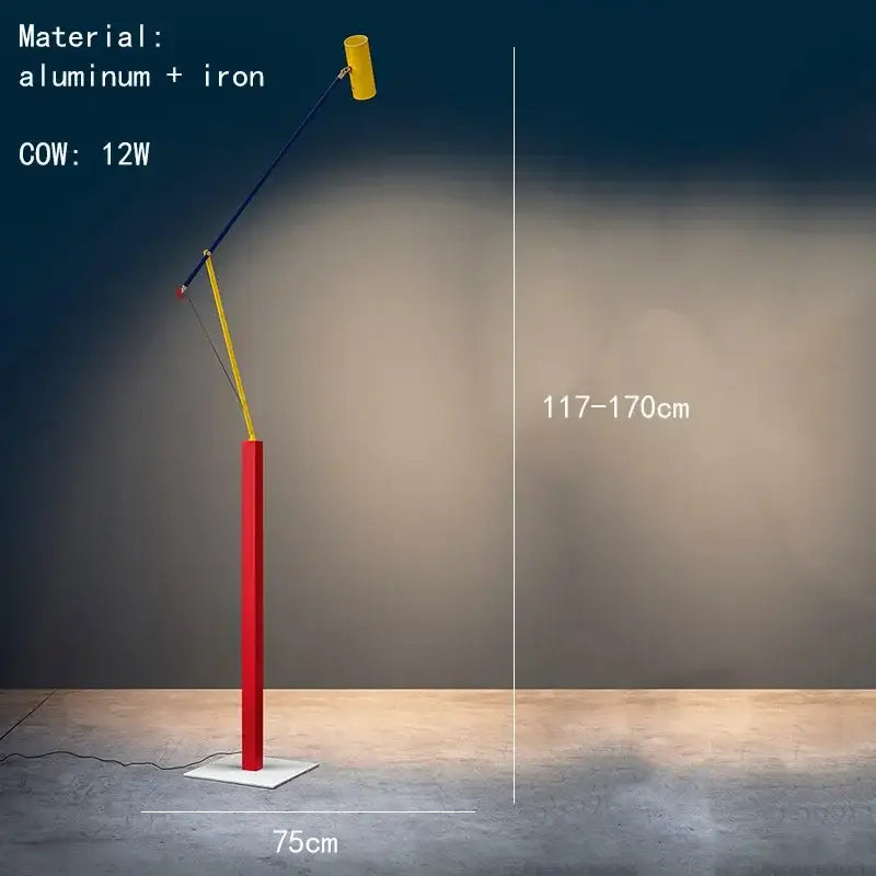 A decorbites colorful metal led adjustable floor lamp with red aluminum base, yellow head, and black yellow arms for living room