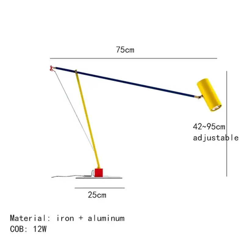 Adjustable modern floor lamp with a yellow shade, navy blue arm, and red base metal by decorbites colorful metal series