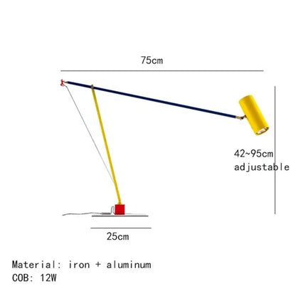 Adjustable modern floor lamp with a yellow shade, navy blue arm, and red base metal by decorbites colorful metal series