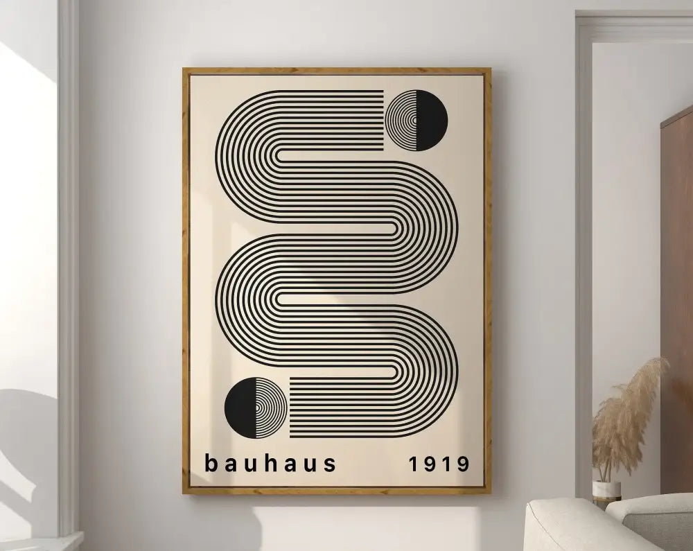 Decorbites™ colorful mid century geometric canvas art with bold black lines and circles in a light wood frame