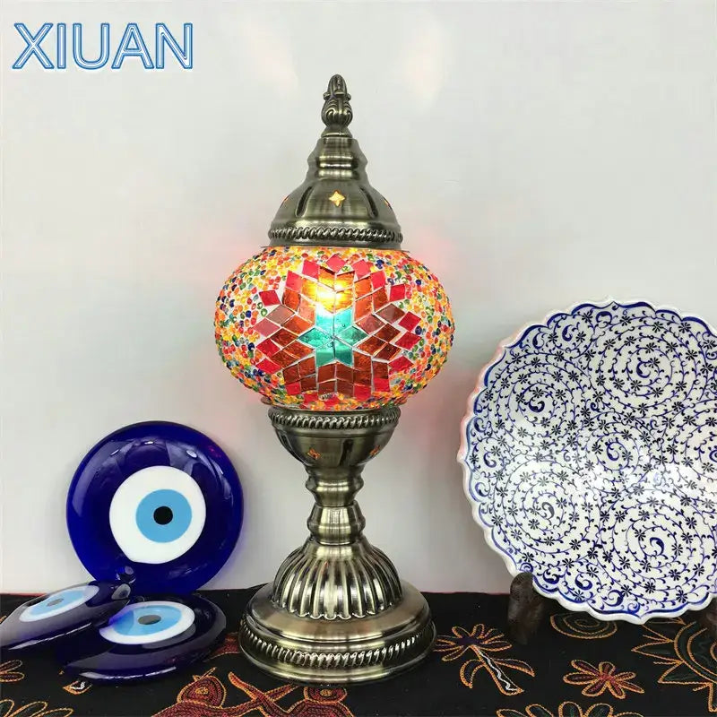 Decorbites colorful mosaic table lamp with vibrant stained glass geometric patterns and brass base for bedroom decor