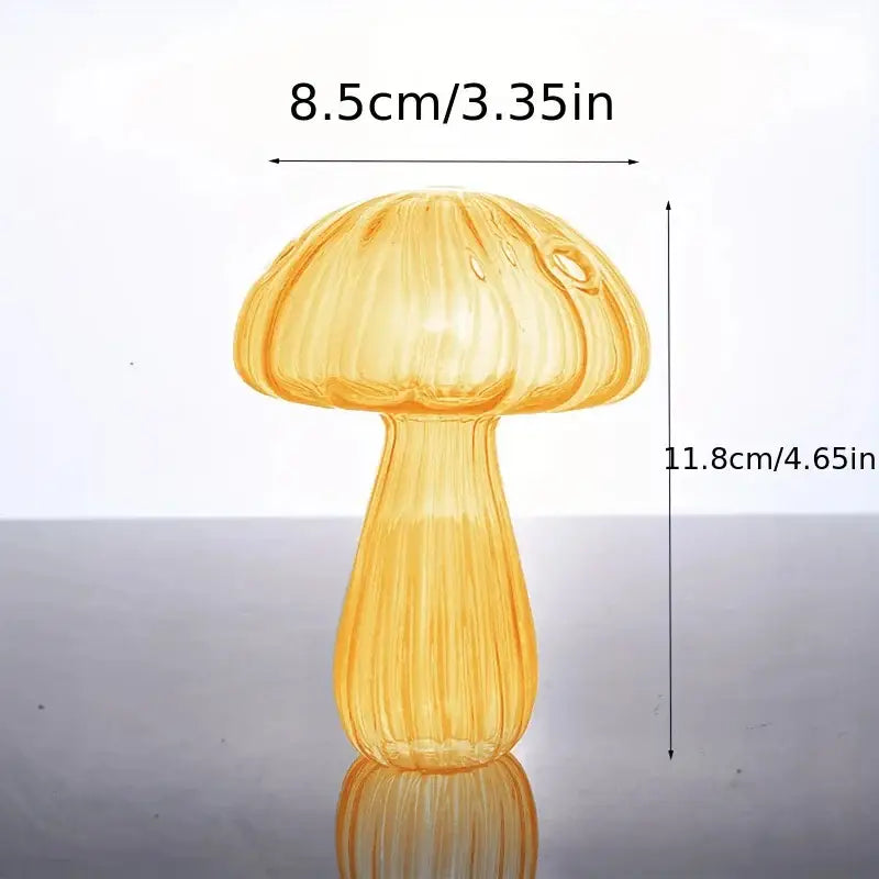 Translucent amber glass colorful mushroom vase with vertical ribbed texture and smooth rounded cap for home decor