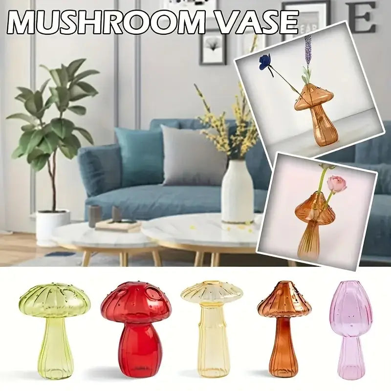 DecorBites™ colorful mushroom vase made of translucent glass in green red yellow amber and pink for home decor