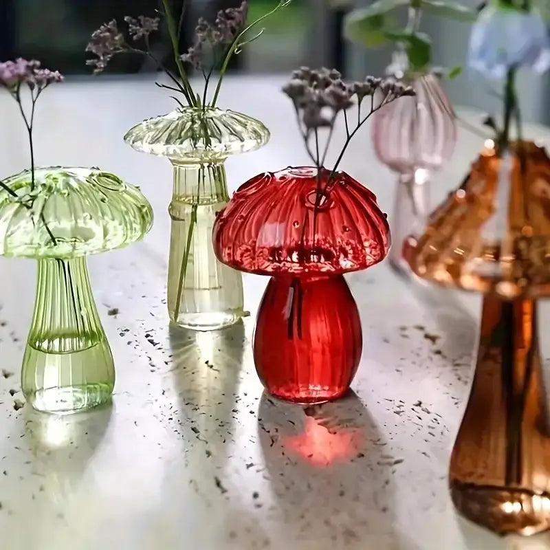 Vibrant red ribbed glass mushroom vase with glossy finish by decorbites for colorful mushroom vase home decor