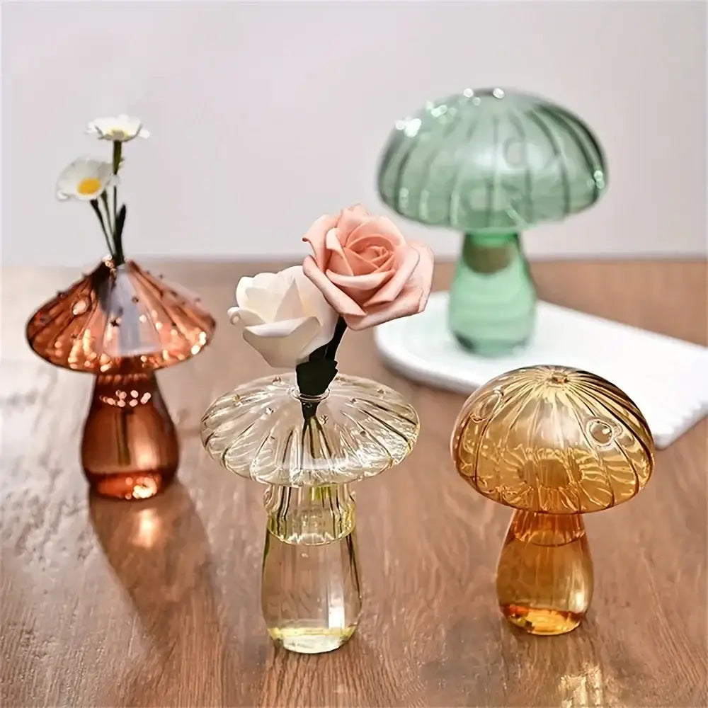 Clear glass colorful mushroom vase with intricate ribbed patterns and glossy finish for nordic style home decor