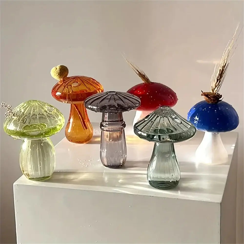 DecorBites™ colorful mushroom vase featuring translucent glass mushroom figurines with textured caps and stems