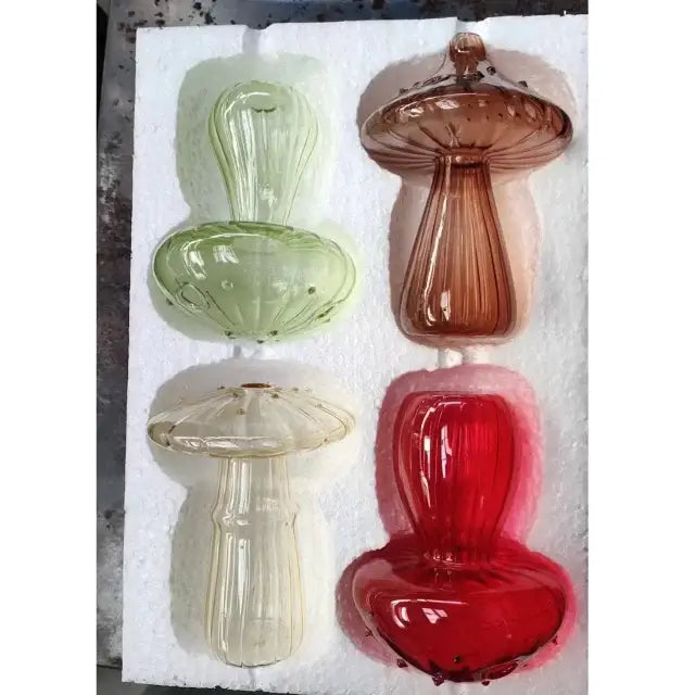 Four hand-blown glass colorful mushroom ornaments in green amber clear and red for decorbites colorful mushroom vase