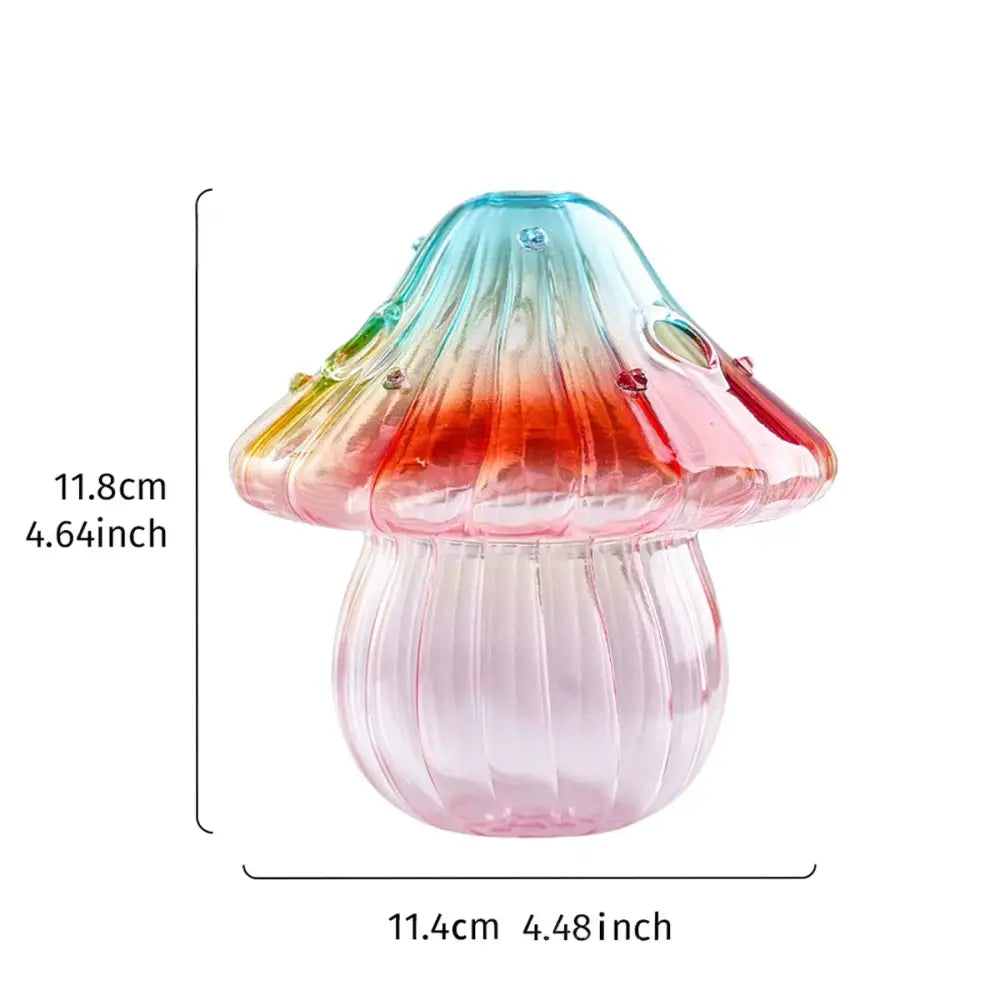 DecorBites colorful mushroom vase in nordic style featuring a gradient glass mushroom with ribbed translucent stem and cap