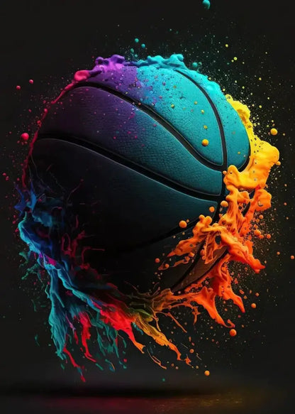 A vibrant colorful sport basketball with textured surface and blue to orange gradients in decorbites™ sport basketball posters prints