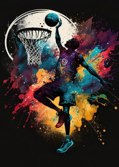Vibrant colorful sport basketball poster print featuring a splash-painted player mid-dunk in a purple jersey on black background
