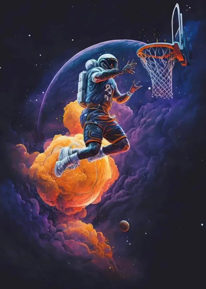 A colorful sport basketball poster featuring a futuristic astronaut dunking in a dark blue and orange suit