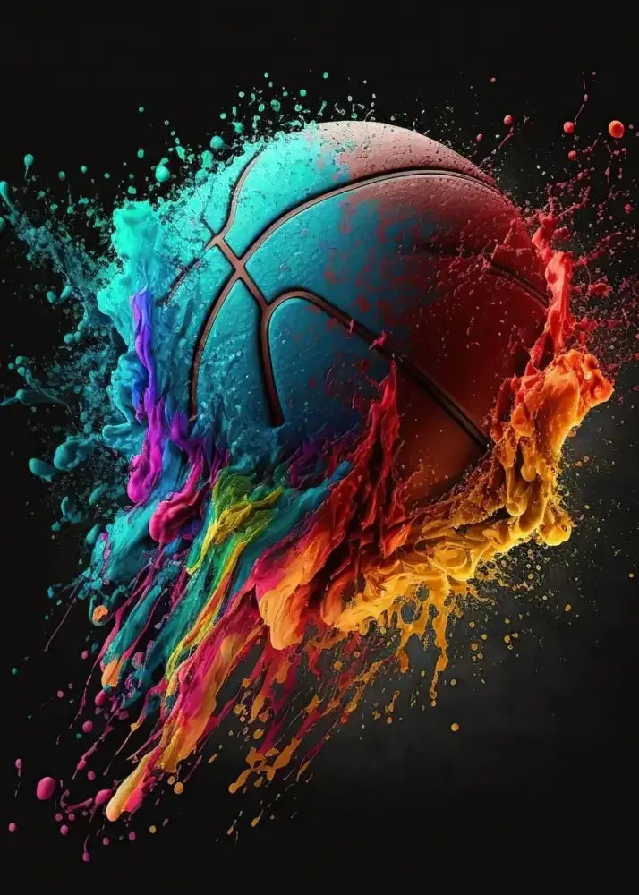 A vibrant colorful sport basketball with glossy surface and bold black seams in decorbites™ nordic basketball posters prints