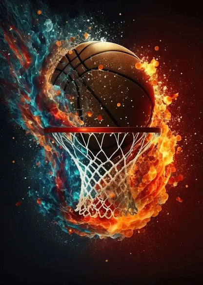 DecorBites™ colorful sport basketball poster featuring a classic brown leather basketball above a net with a cosmic background