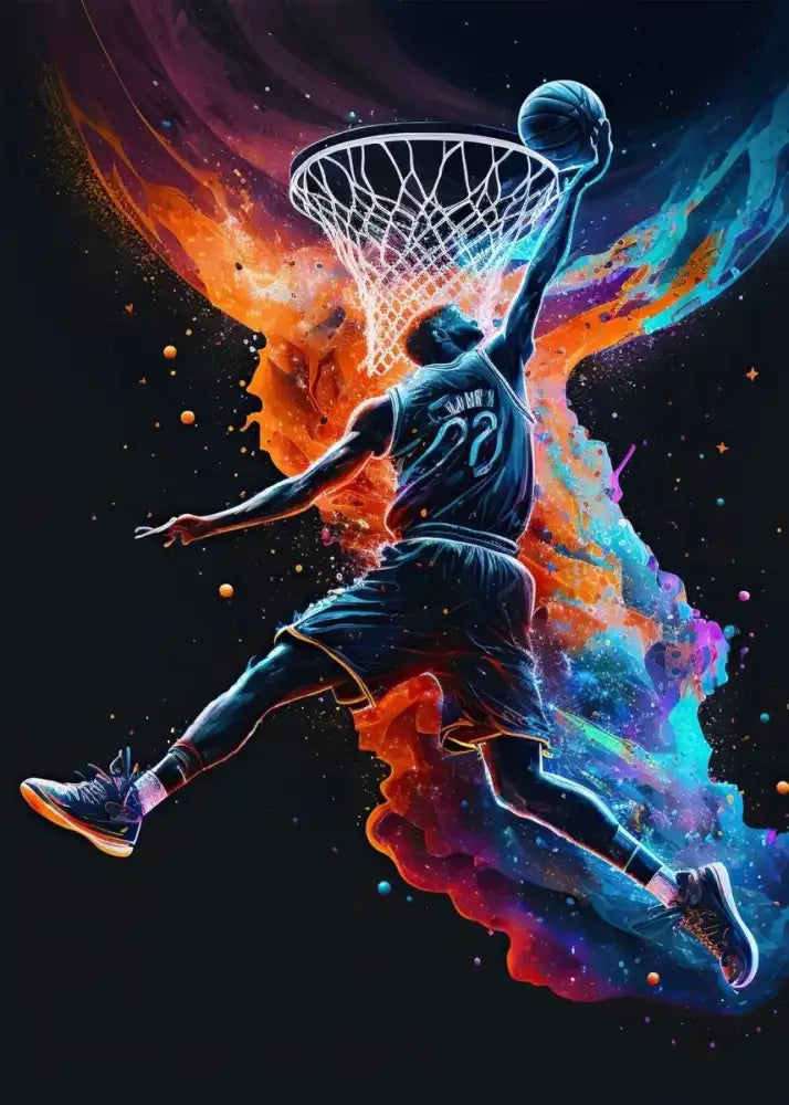 A dynamic basketball player in a dark blue jersey mid-dunk on colorful sport basketball posters prints DecorBites™