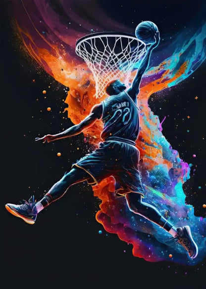 A dynamic basketball player in a dark blue jersey mid-dunk on colorful sport basketball posters prints DecorBites™