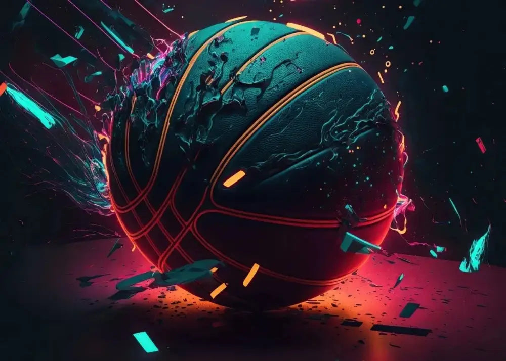 A colorful sport basketball with glowing neon lines and textured dark teal surface featured in decorbites basketball posters prints