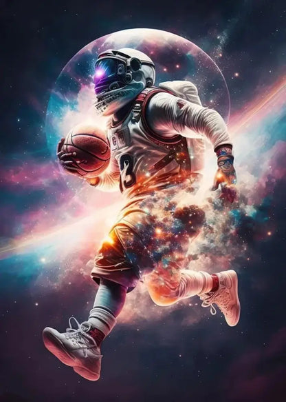Decorbites™ colorful nordic basketball sports posters featuring a futuristic astronaut dribbling a basketball