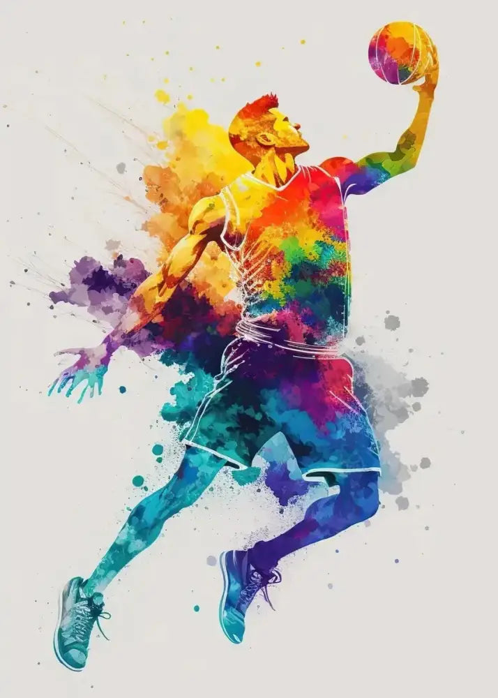 A vibrant colorful sport basketball poster featuring a rainbow-hued player mid-dunk from decorbites™ nordic series
