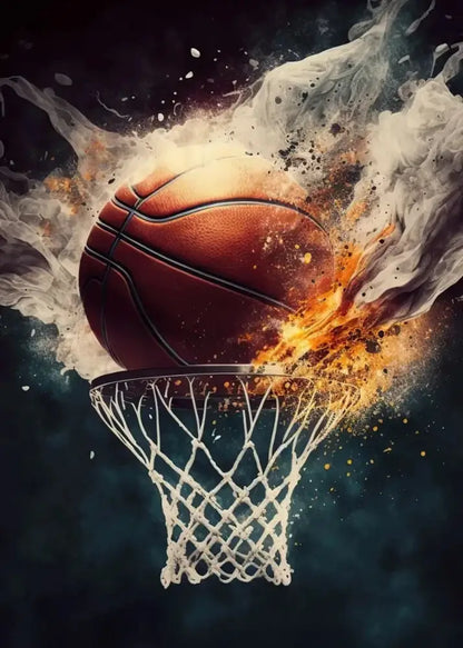 A classic orange basketball in a fiery explosion featured in DecorBites™ colorful sport basketball posters prints