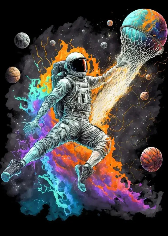 Astronaut in a white space suit dunking a colorful orange and blue globe in decorbites colorful sport basketball poster prints