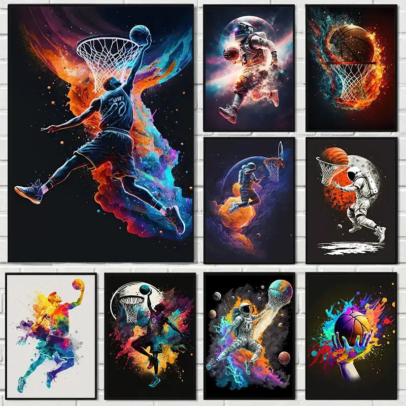 Colorful sport basketball posters featuring dynamic astronauts and players on vibrant cosmic canvas prints for boys