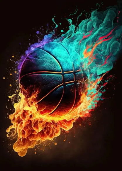 A vibrant colorful sport basketball engulfed in swirling flames on DecorBites™ colorful Nordic basketball posters prints for boys