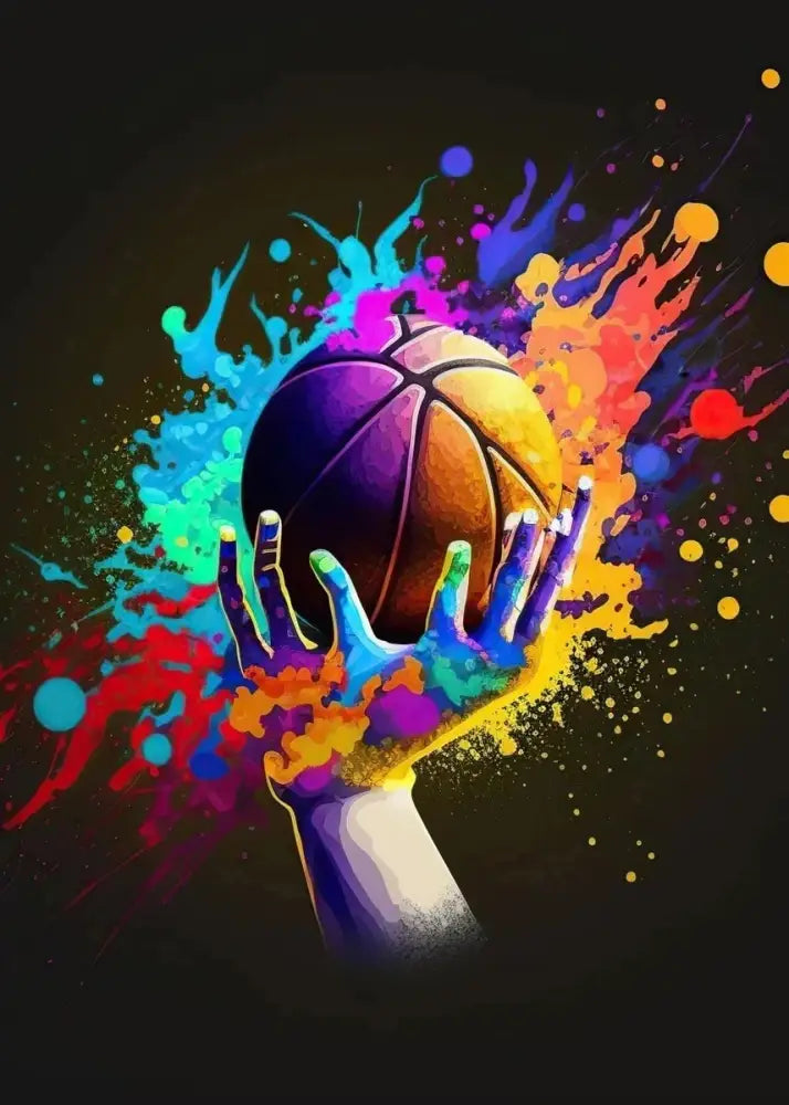 A vibrant colorful sport basketball held in hands with explosive paint splatters for basketball posters prints