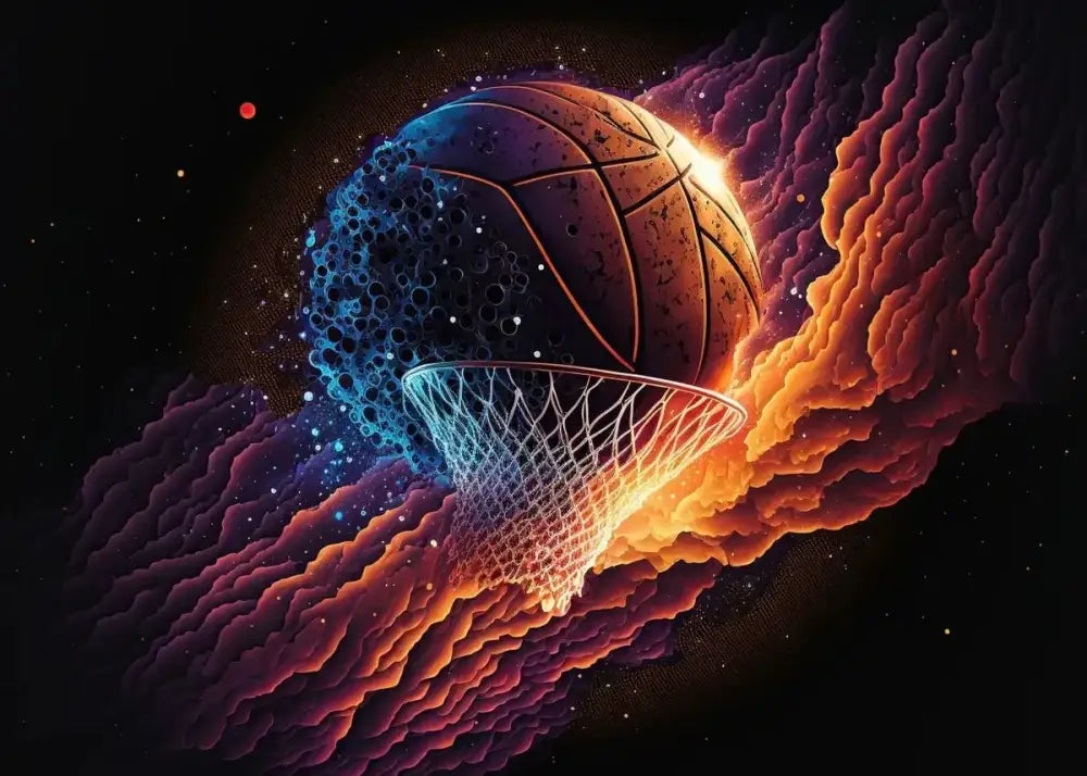 A colorful sport basketball with orange-brown leather and black seams in a cosmic nebula on sport basketball posters prints