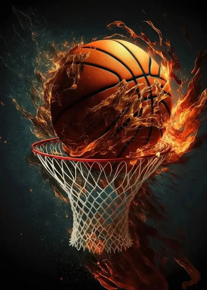 A fiery orange basketball mid-dunk with flames through a white net in colorful sport basketball posters prints by decorbites